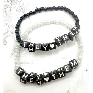 They Them Pronoun Bracelet Set Black White Beaded Pride Jewelry